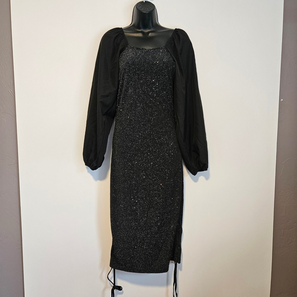 Black Glitter Bodycon Dress Sz M Whimsigoth Sparkle Stars Celestial Puff Sleeve